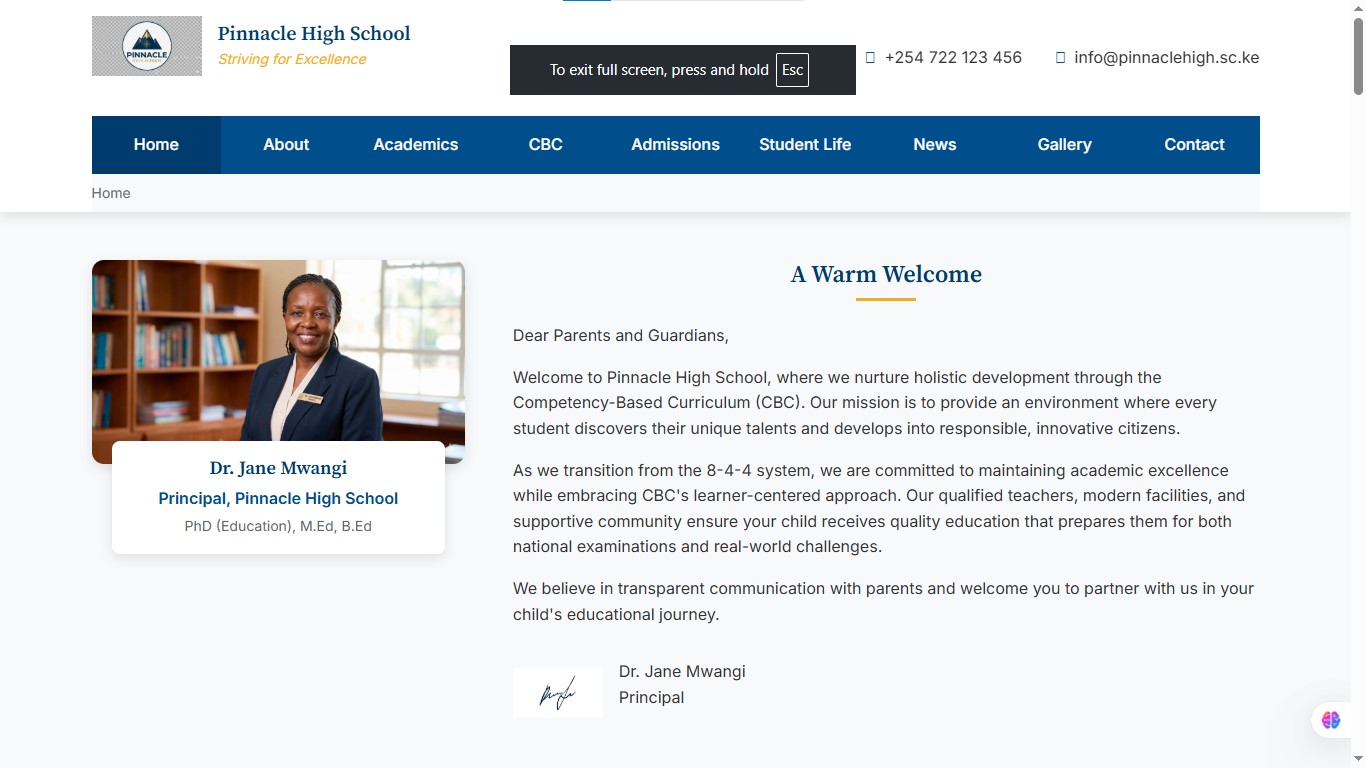 Pinnacle High School website screenshot